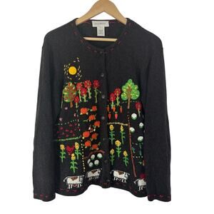 Vintage Susan Bristol Hand Embroidered Cardigan Sweater Pumpkins Scarecrow Large